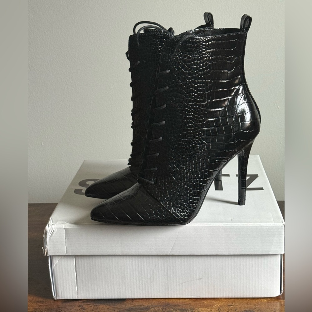 Black faux alligator booties
